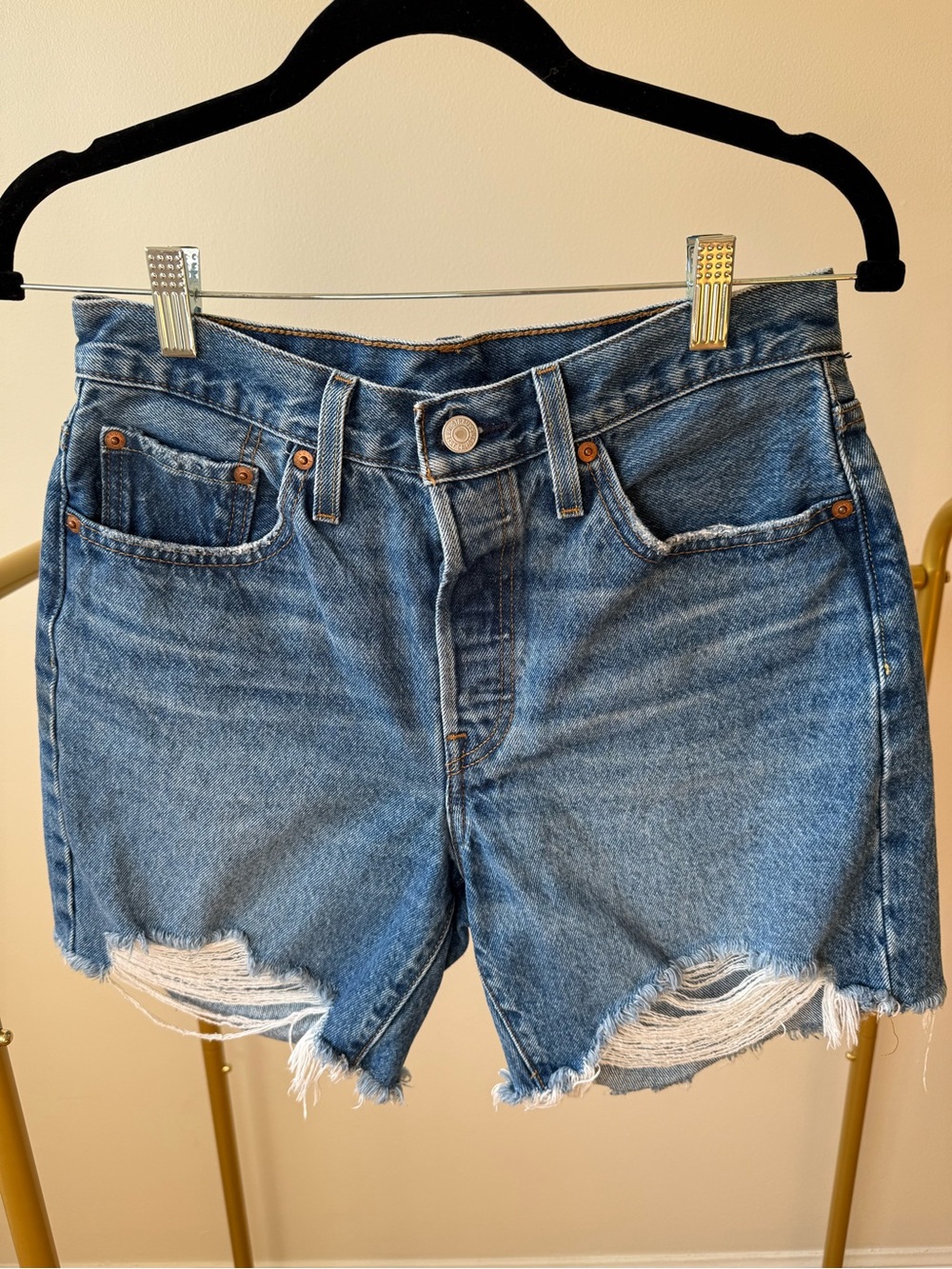 Levi's 501 Medium Blue Distressed Denim Shorts